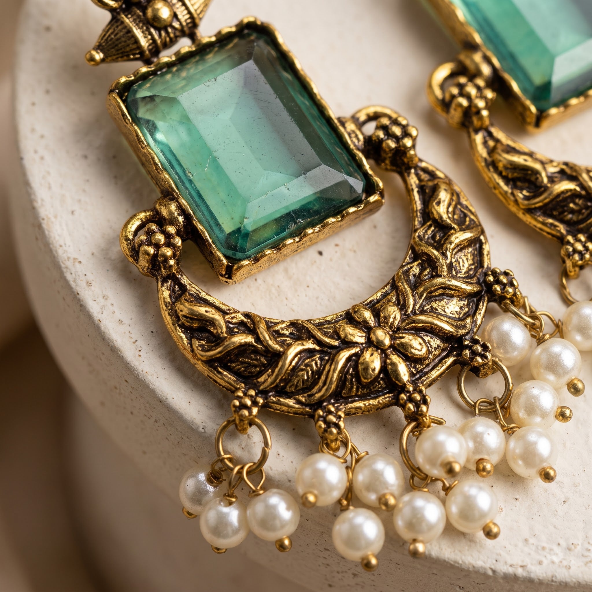 Mint Green Octagon Glass & Antique Gold Chandbali Statement Earrings with Pearl Clusters