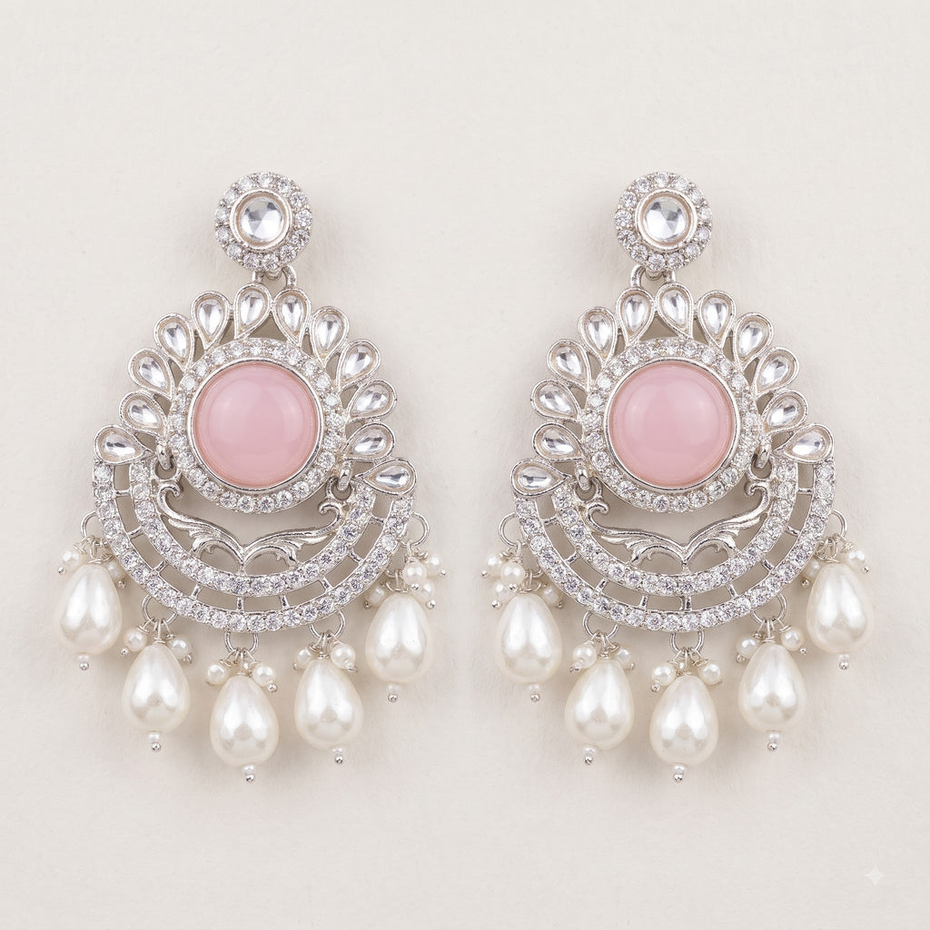 Pastel Pink Crystal Silver Chandbali Earrings with Pearl Drops