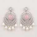 Pastel Pink Crystal Silver Chandbali Earrings with Pearl Drops