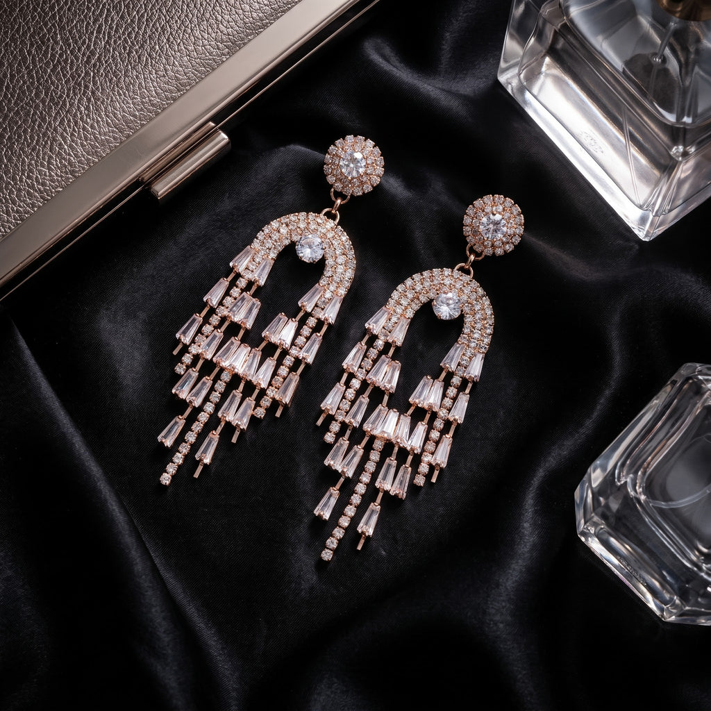 Rose Gold Baguette Crystal Waterfall Chandelier Statement Earrings