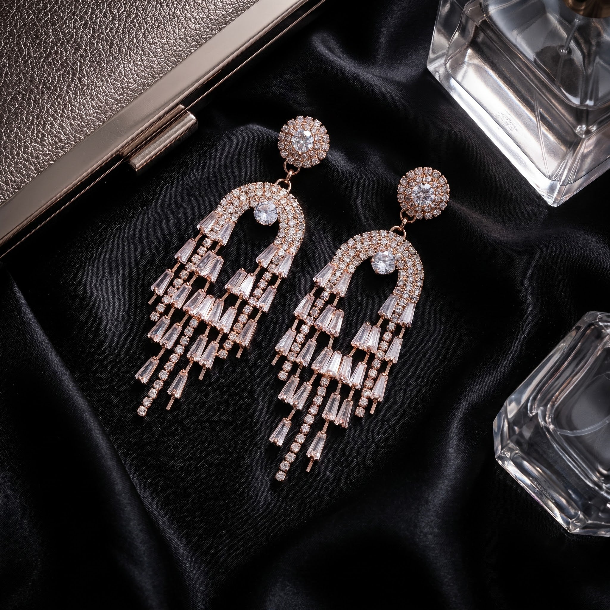 Rose Gold Baguette Crystal Waterfall Chandelier Statement Earrings
