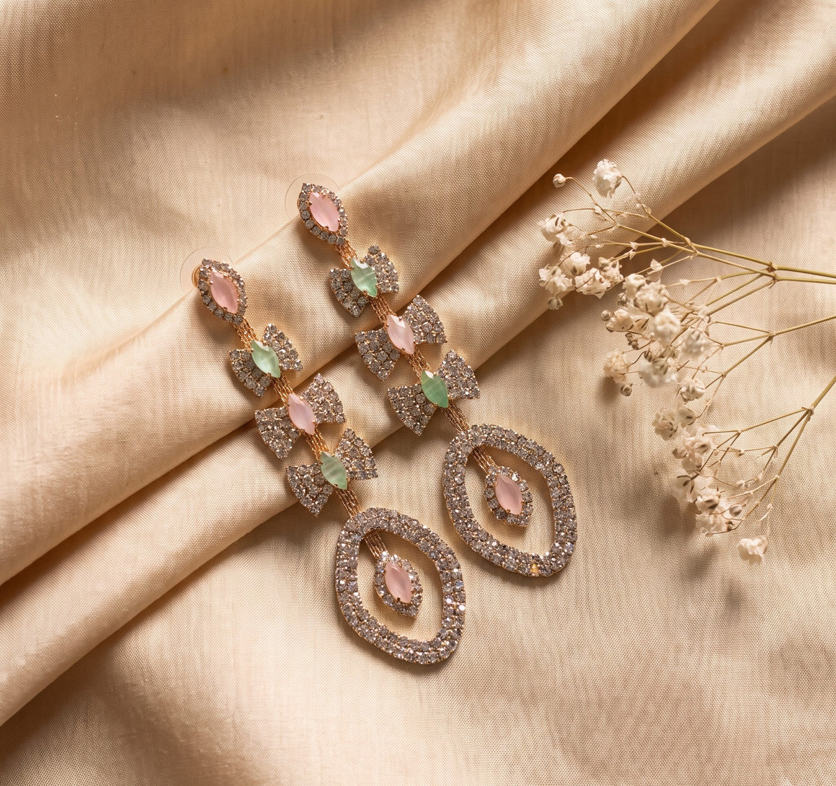 Pastel Pink & Mint Green Crystal Linear Tiered Statement Drop Earrings