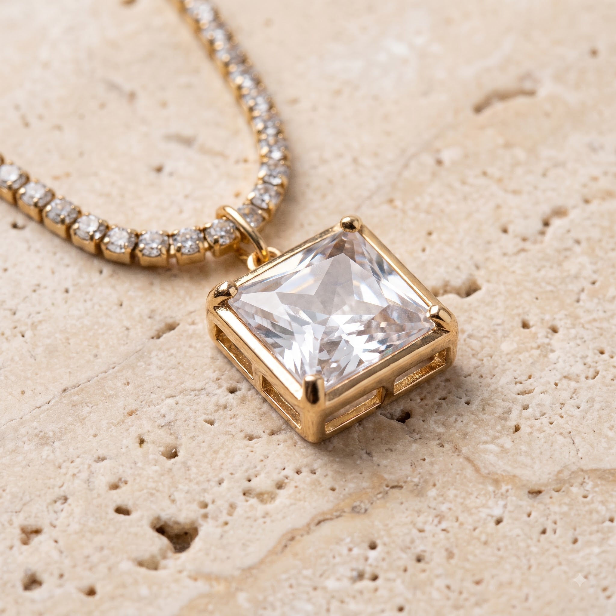 Aurelia Pavé Tennis Chain & Square Solitaire Drop Necklace Pendant