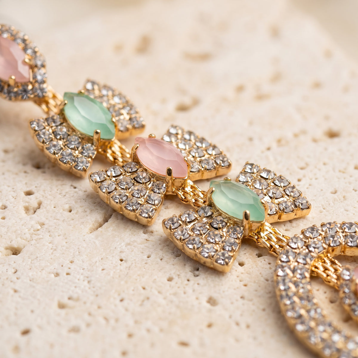 Pastel Pink & Mint Green Crystal Linear Tiered Statement Drop Earrings