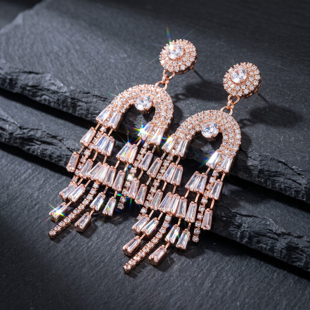 Rose Gold Baguette Crystal Waterfall Chandelier Statement Earrings