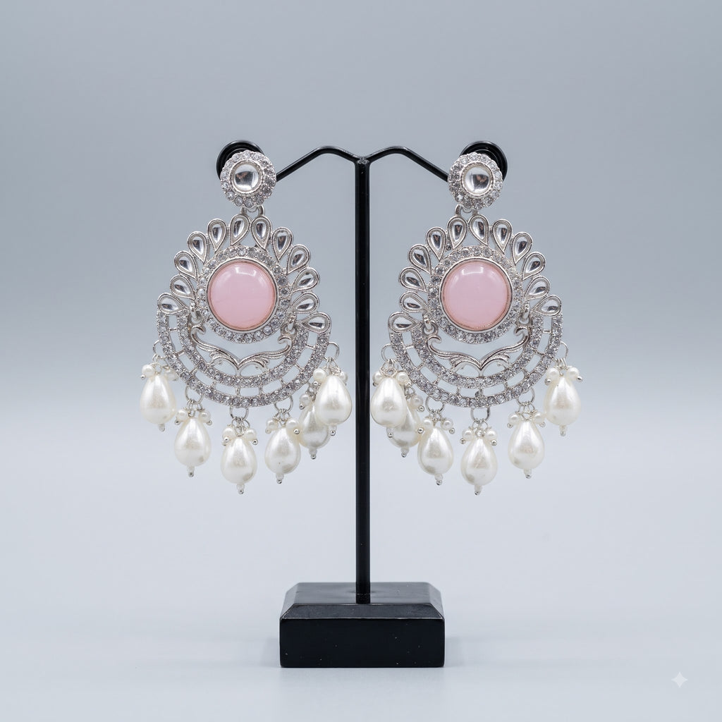 Pastel Pink Crystal Silver Chandbali Earrings with Pearl Drops