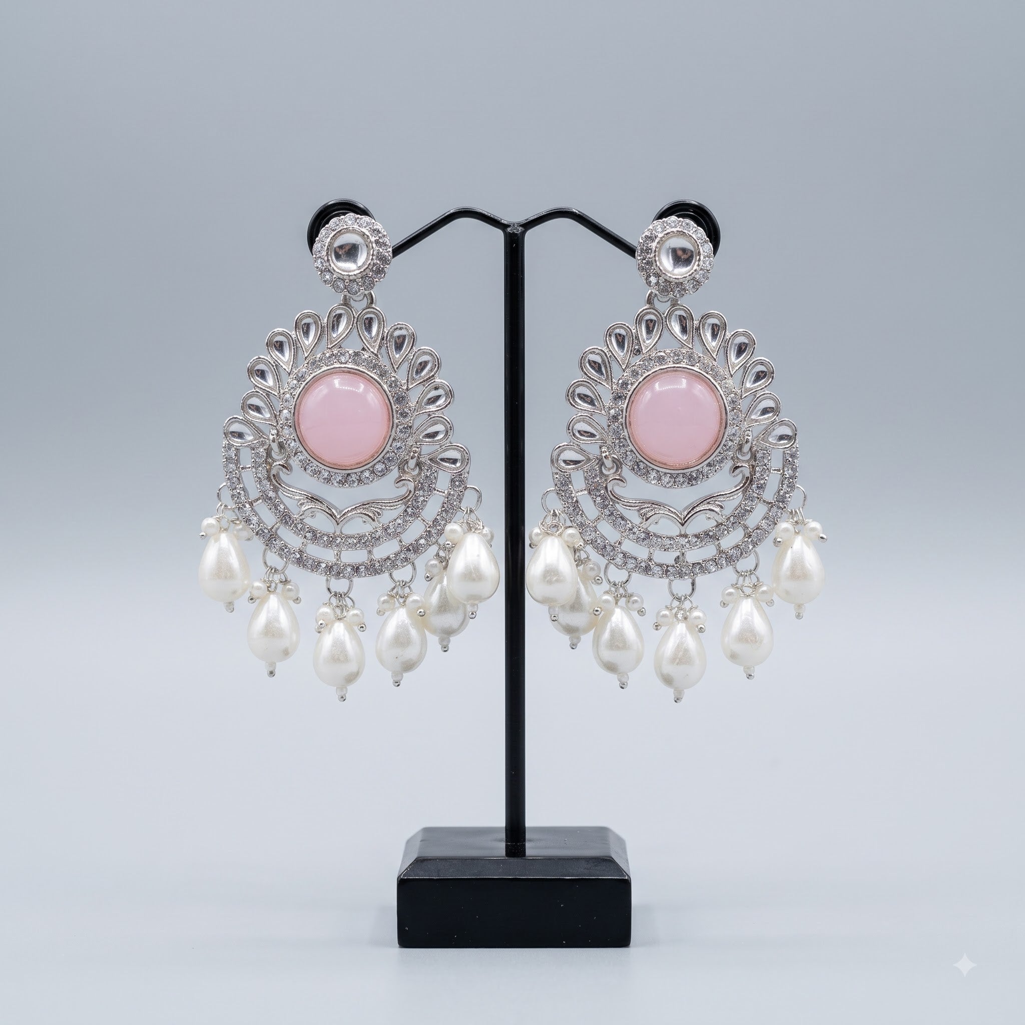 Pastel Pink Crystal Silver Chandbali Earrings with Pearl Drops