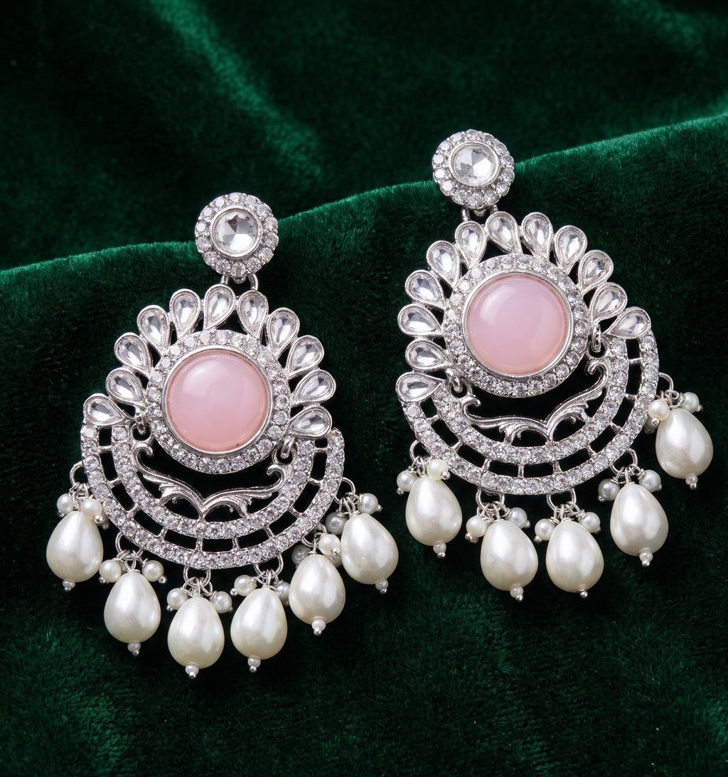 Pastel Pink Crystal Silver Chandbali Earrings with Pearl Drops