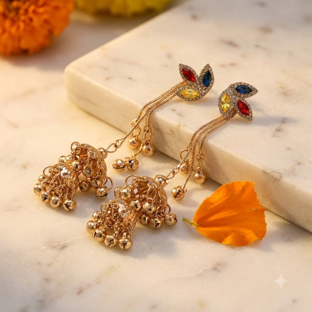Royal Multi-Stone Tiered Waterfall Ghungroo Jhumka Earrings