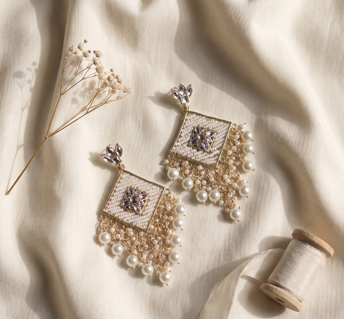 White Seed Pearl & Kundan Geometric Statement Earrings with Pearl Drops