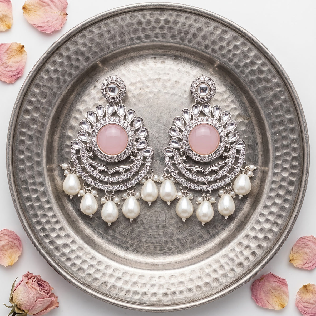 Pastel Pink Crystal Silver Chandbali Earrings with Pearl Drops