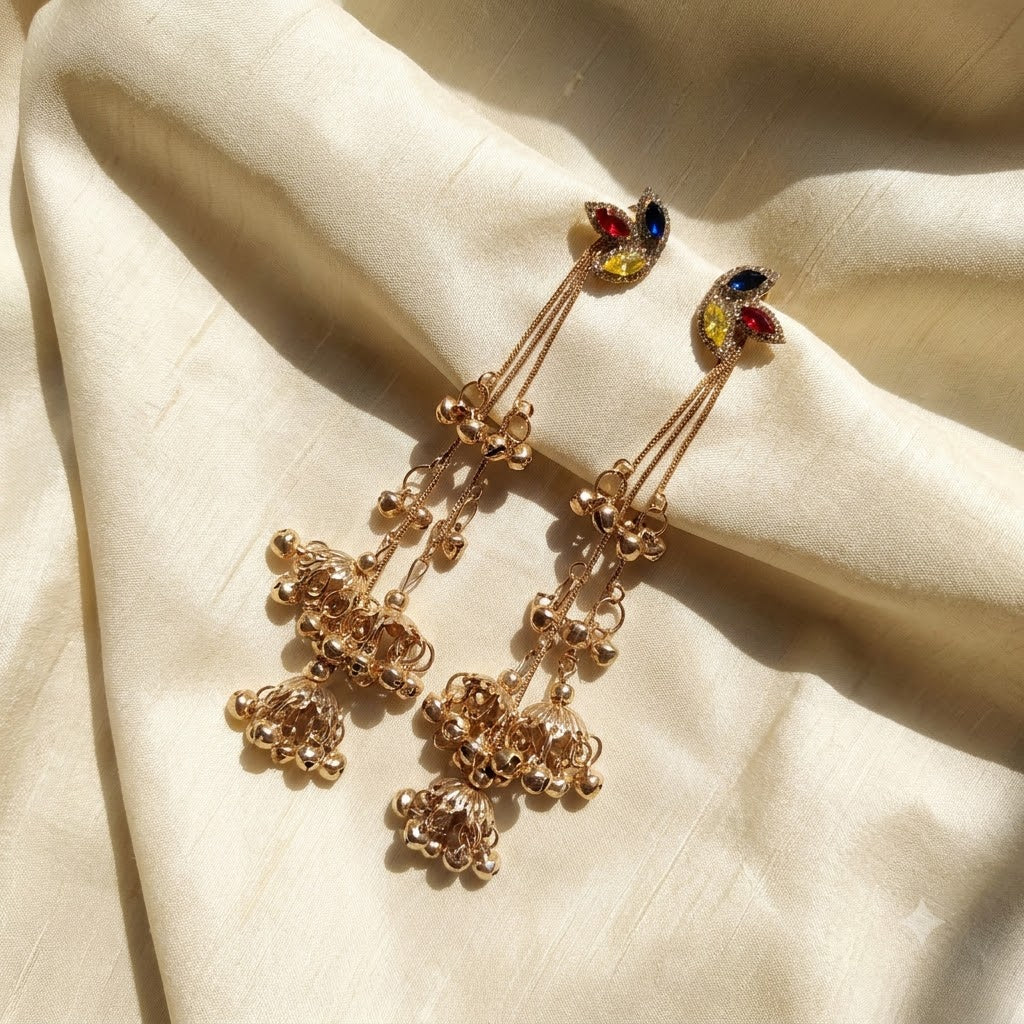 Royal Multi-Stone Tiered Waterfall Ghungroo Jhumka Earrings