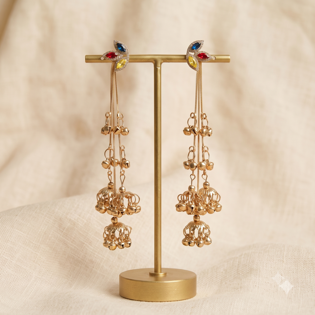 Royal Multi-Stone Tiered Waterfall Ghungroo Jhumka Earrings