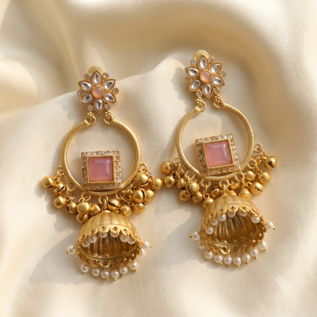 Pastel Pink Kundan Floral Jhumka Earrings with Pearl Drops