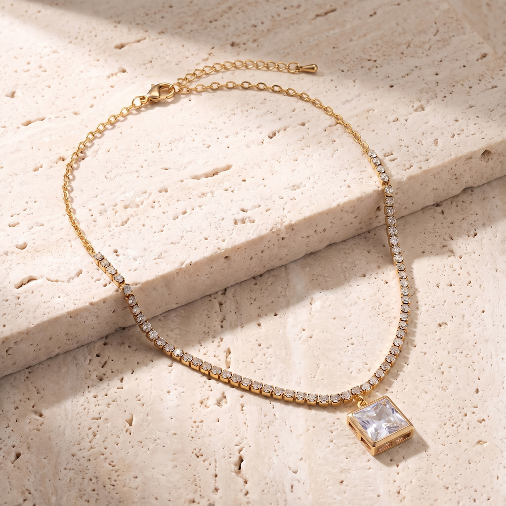 Aurelia Pavé Tennis Chain & Square Solitaire Drop Necklace Pendant