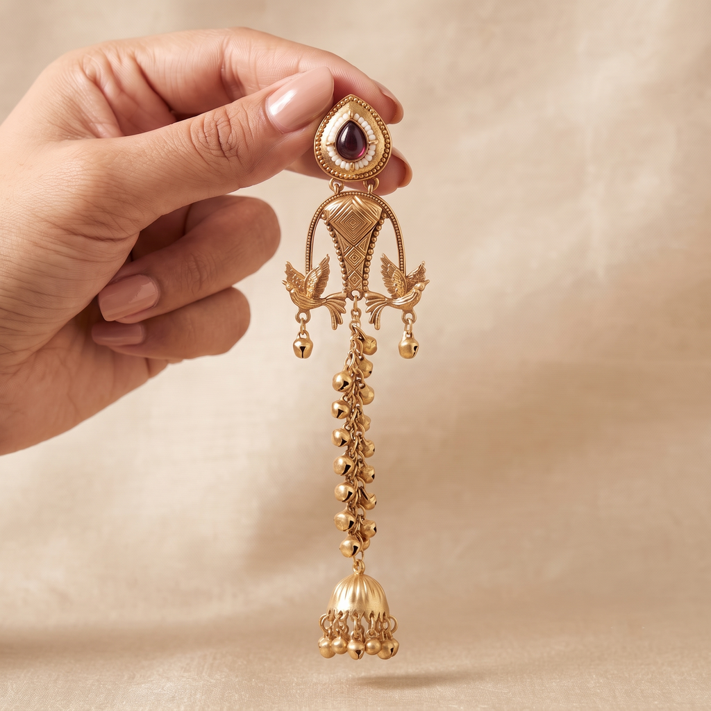 Antique Gold Wine Cabochon & Flying Bird Waterfall Jhumka Statement Earrings