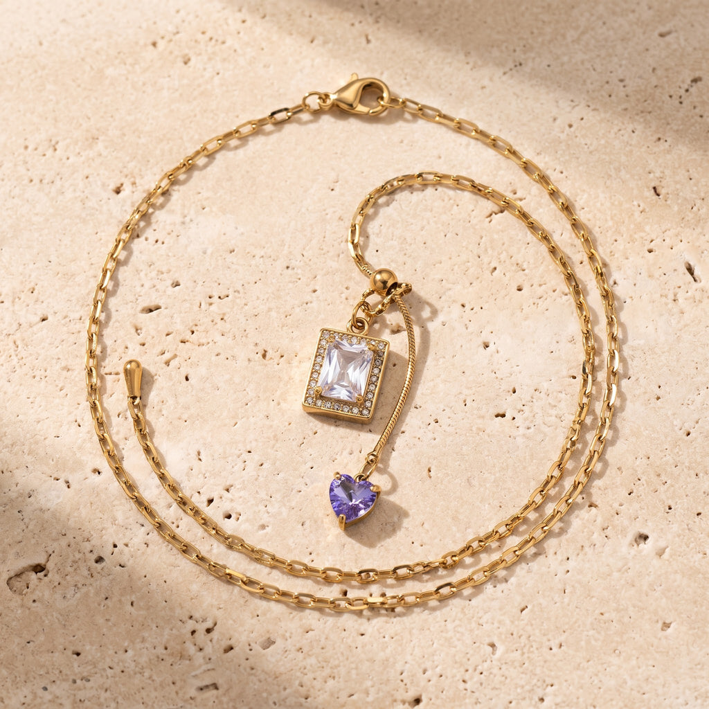 Dual-Charm Emerald Cut & Violet Heart Pendant Necklace