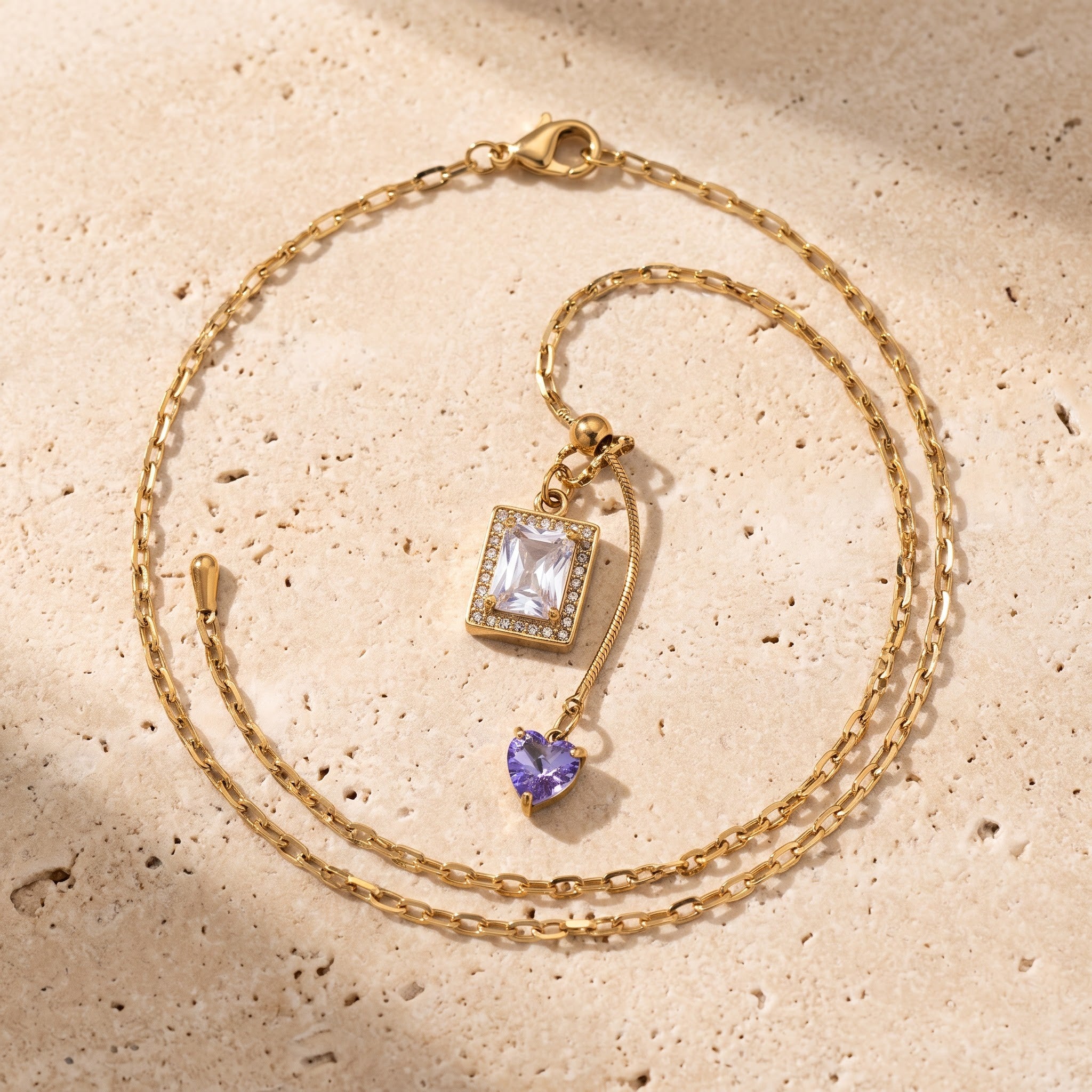 Dual-Charm Emerald Cut & Violet Heart Pendant Necklace