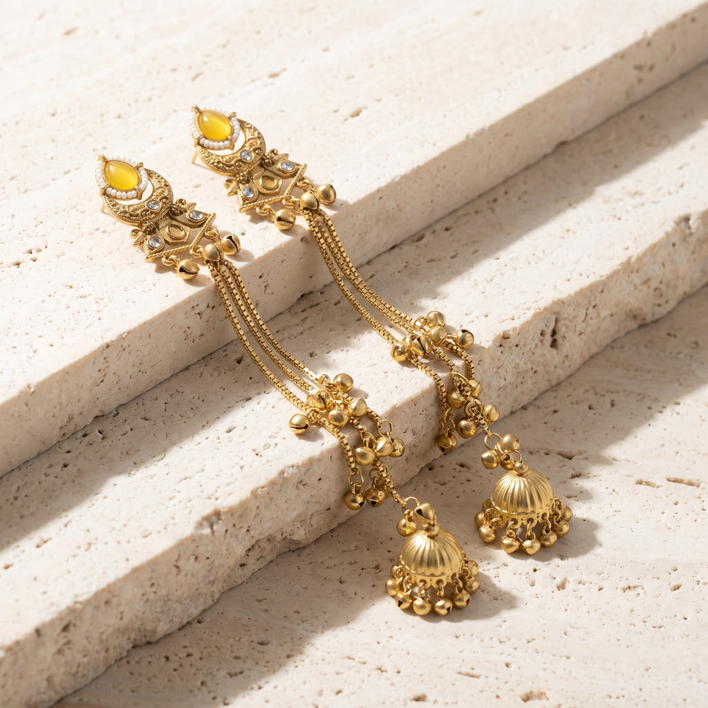 Antique Gold Canary Yellow Cabochon & Triple-Chain Waterfall Jhumka Earrings