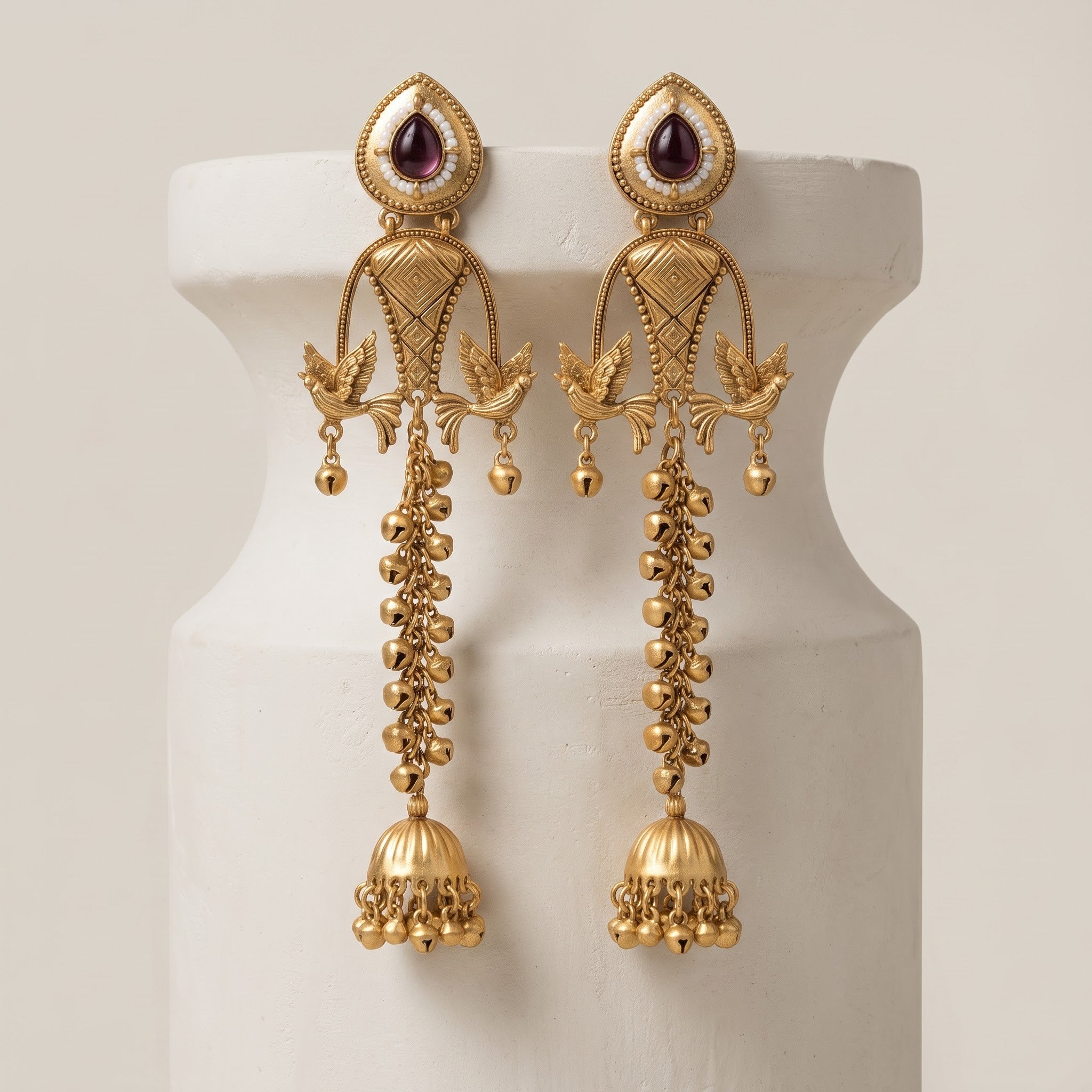 Antique Gold Wine Cabochon & Flying Bird Waterfall Jhumka Statement Earrings