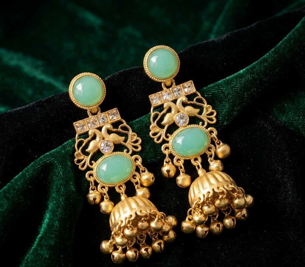 Mint Green Kundan Peacock Jhumka Earrings