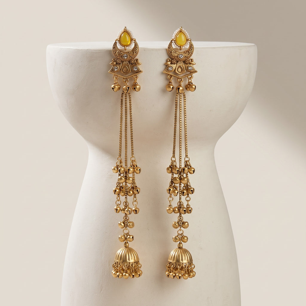 Antique Gold Canary Yellow Cabochon & Triple-Chain Waterfall Jhumka Earrings