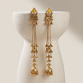 Antique Gold Canary Yellow Cabochon & Triple-Chain Waterfall Jhumka Earrings