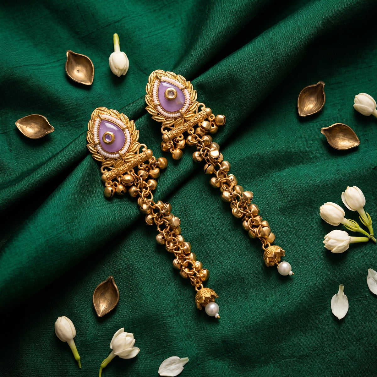 Lavender Cabochon & Antique Gold Waterfall Ghungroo Statement Earrings with Pearl Drop