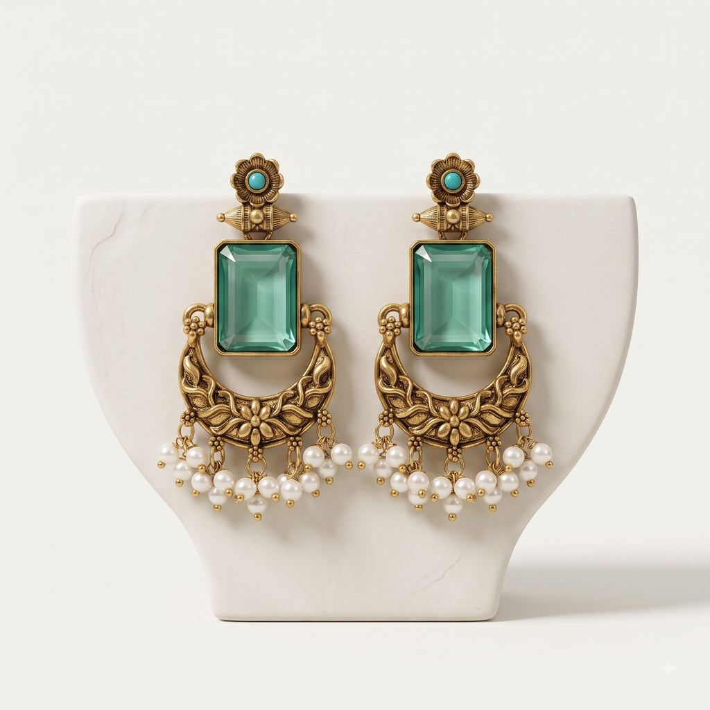 Mint Green Octagon Glass & Antique Gold Chandbali Statement Earrings with Pearl Clusters