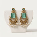 Mint Green Octagon Glass & Antique Gold Chandbali Statement Earrings with Pearl Clusters