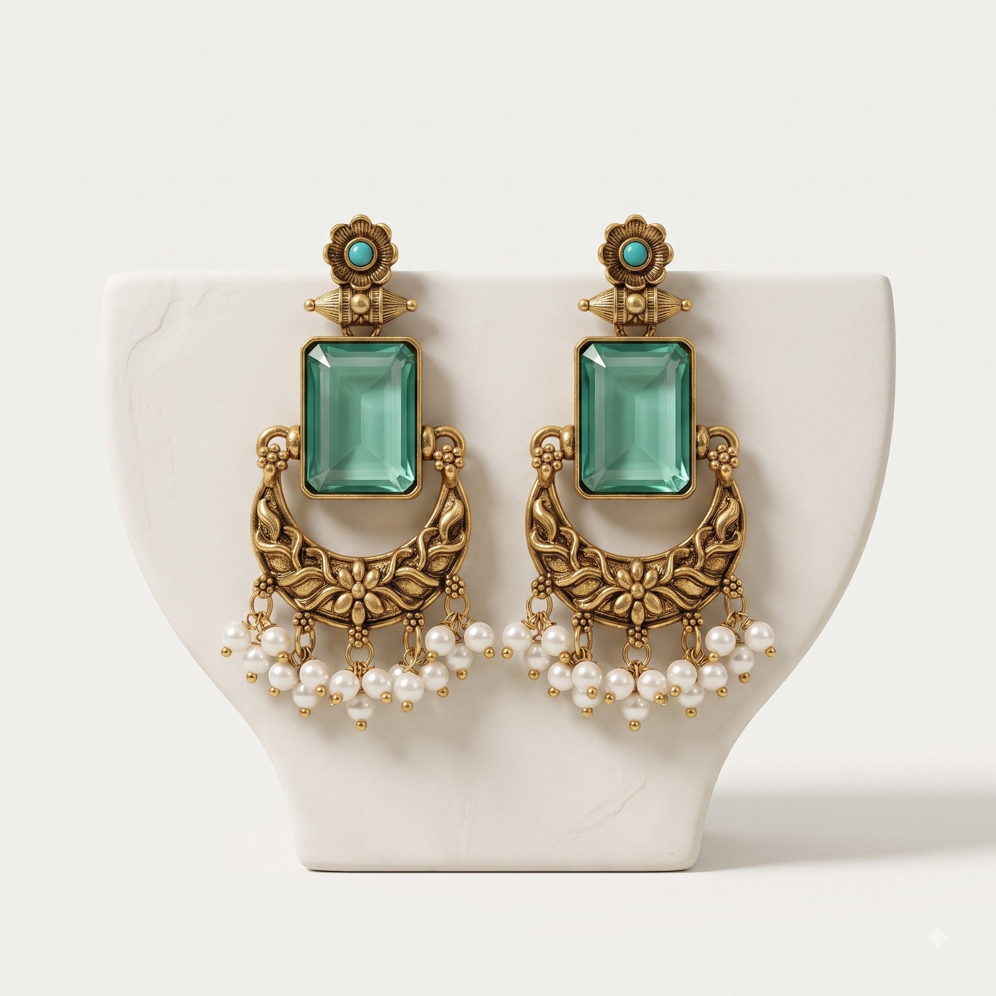Mint Green Octagon Glass & Antique Gold Chandbali Statement Earrings with Pearl Clusters