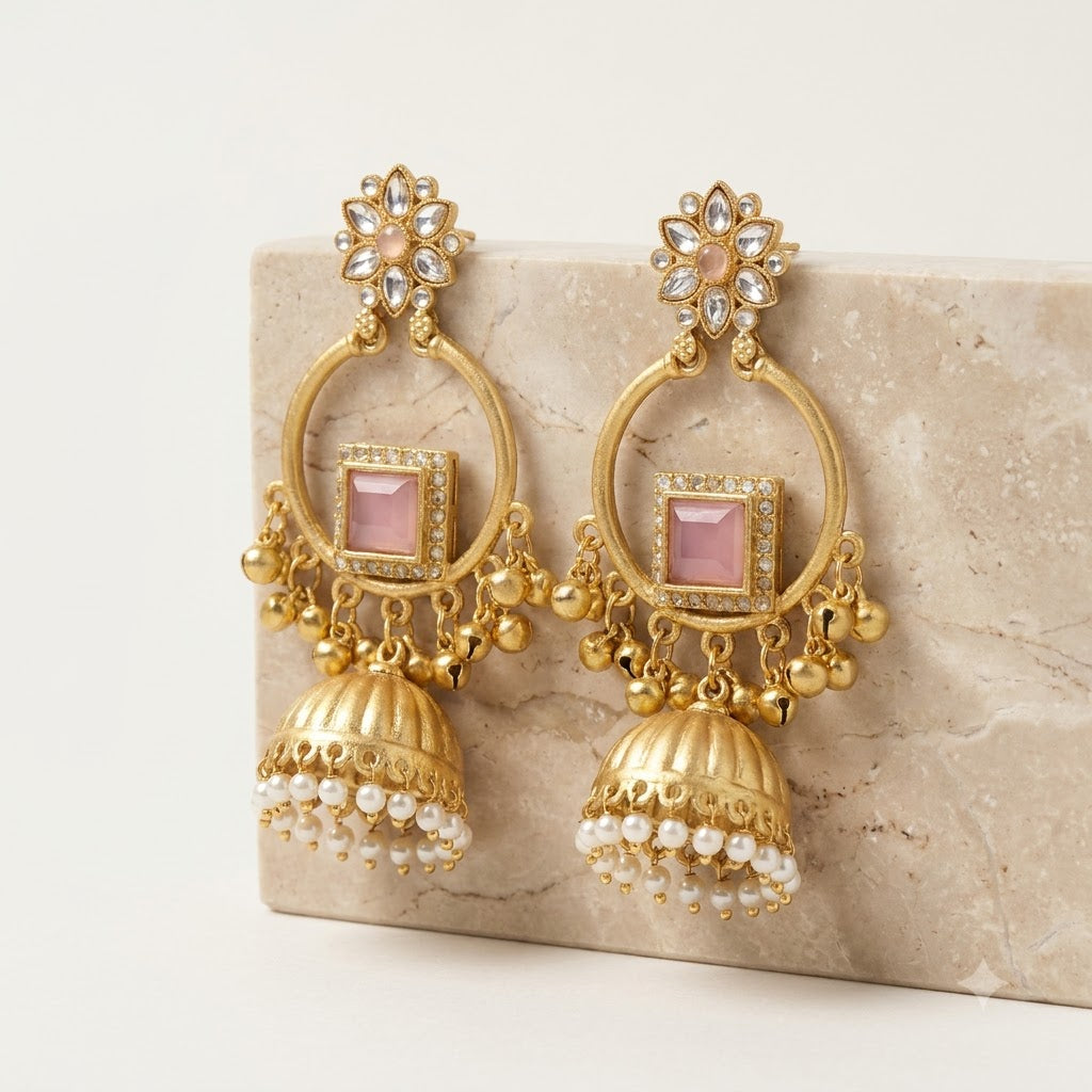 Pastel Pink Kundan Floral Jhumka Earrings with Pearl Drops