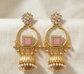 Pastel Pink Kundan Floral Jhumka Earrings with Pearl Drops