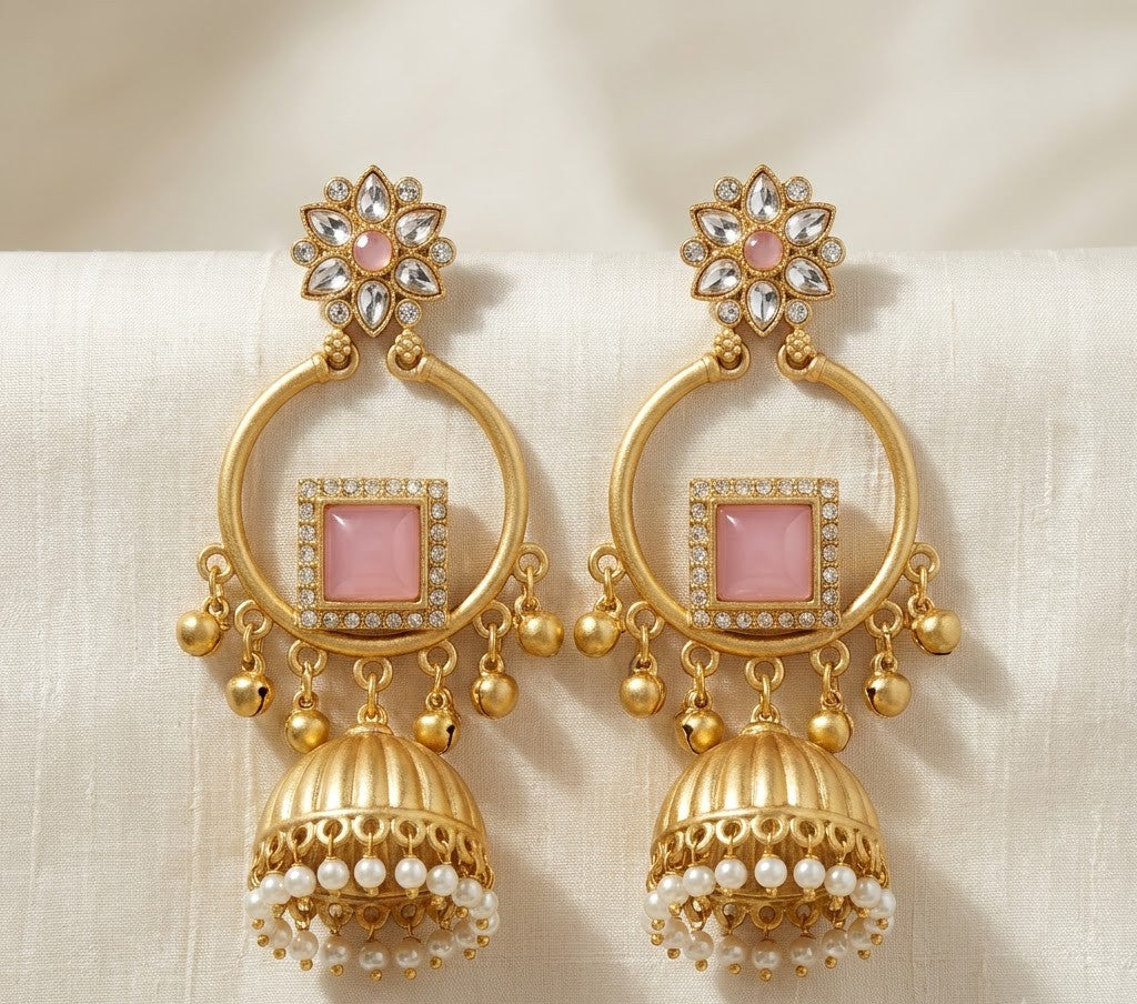 Pastel Pink Kundan Floral Jhumka Earrings with Pearl Drops