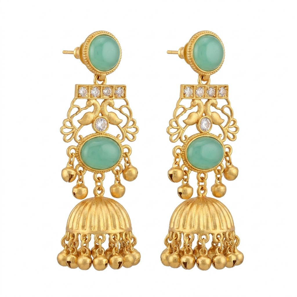 Mint Green Kundan Peacock Jhumka Earrings