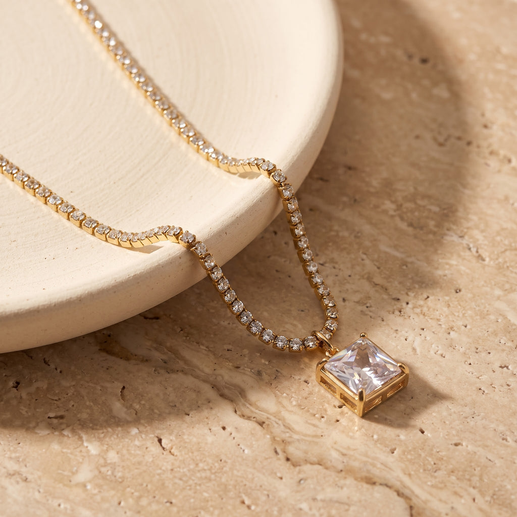 Aurelia Pavé Tennis Chain & Square Solitaire Drop Necklace Pendant