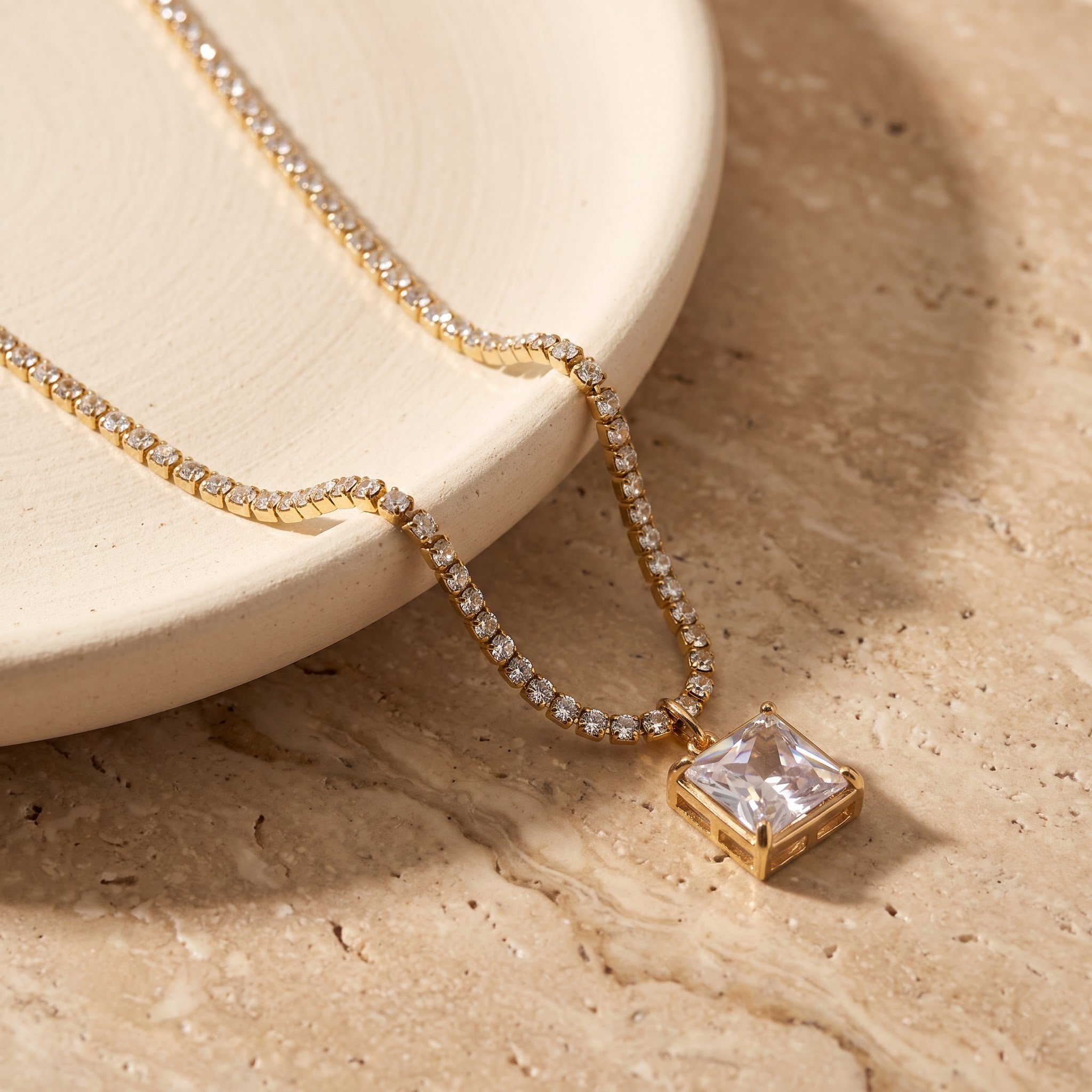 Aurelia Pavé Tennis Chain & Square Solitaire Drop Necklace Pendant