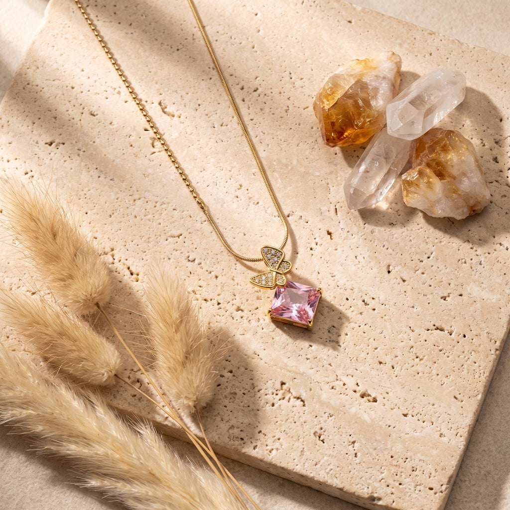 Pastel Pink Crystal & Pavé Butterfly Asymmetric Necklace Pendant
