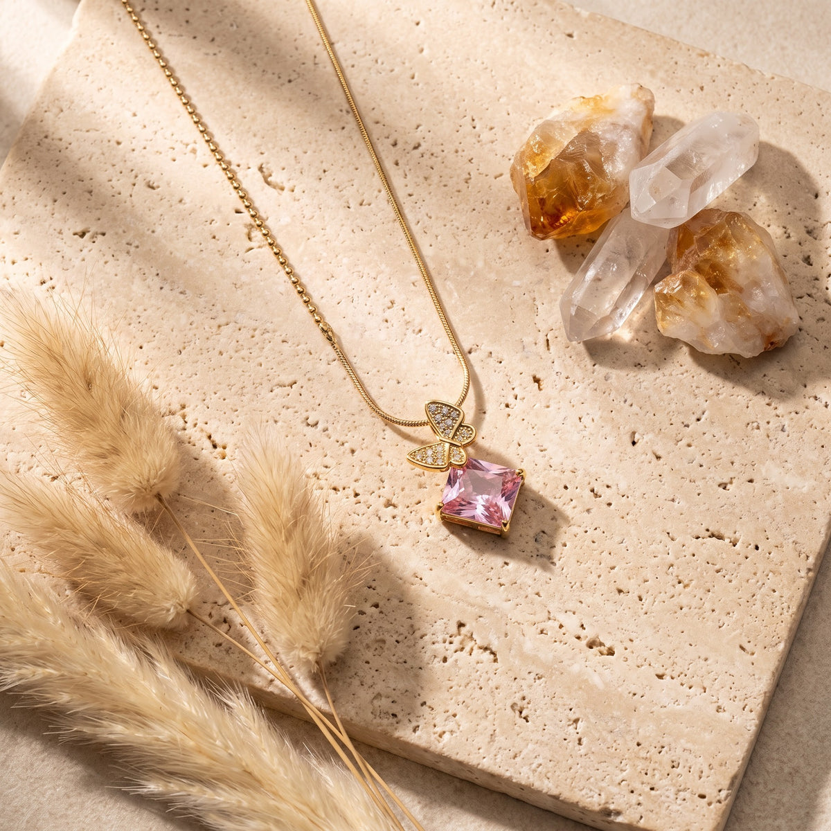 Pastel Pink Crystal & Pavé Butterfly Asymmetric Necklace Pendant