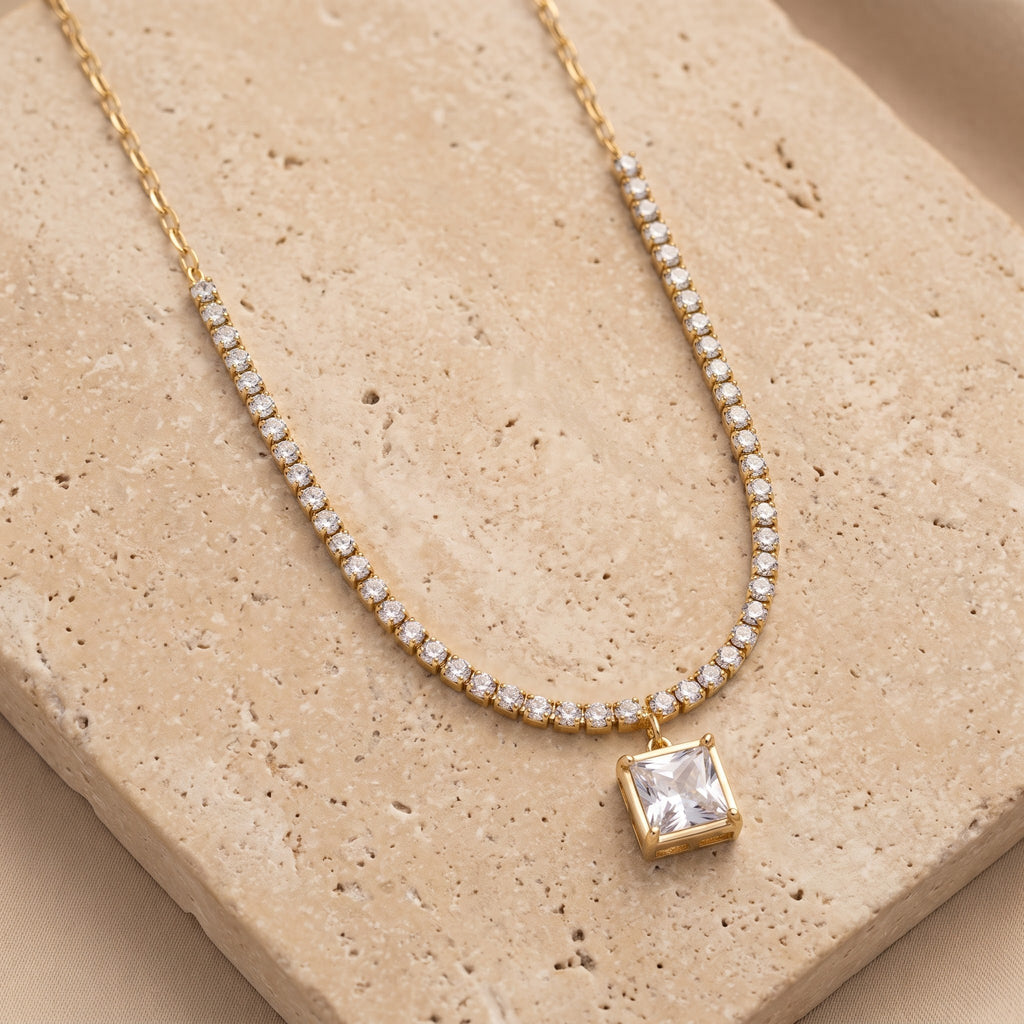 Aurelia Pavé Tennis Chain & Square Solitaire Drop Necklace Pendant