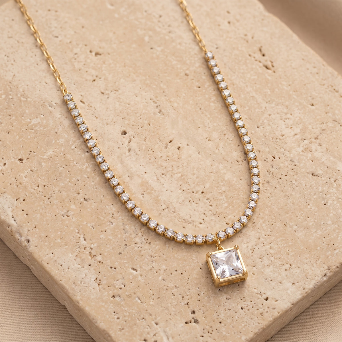 Aurelia Pavé Tennis Chain & Square Solitaire Drop Necklace Pendant