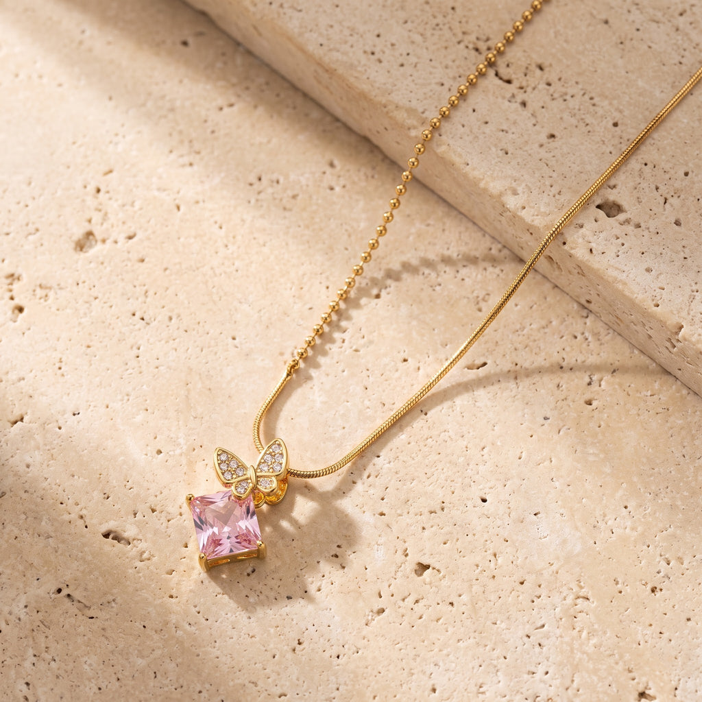 Pastel Pink Crystal & Pavé Butterfly Asymmetric Necklace Pendant