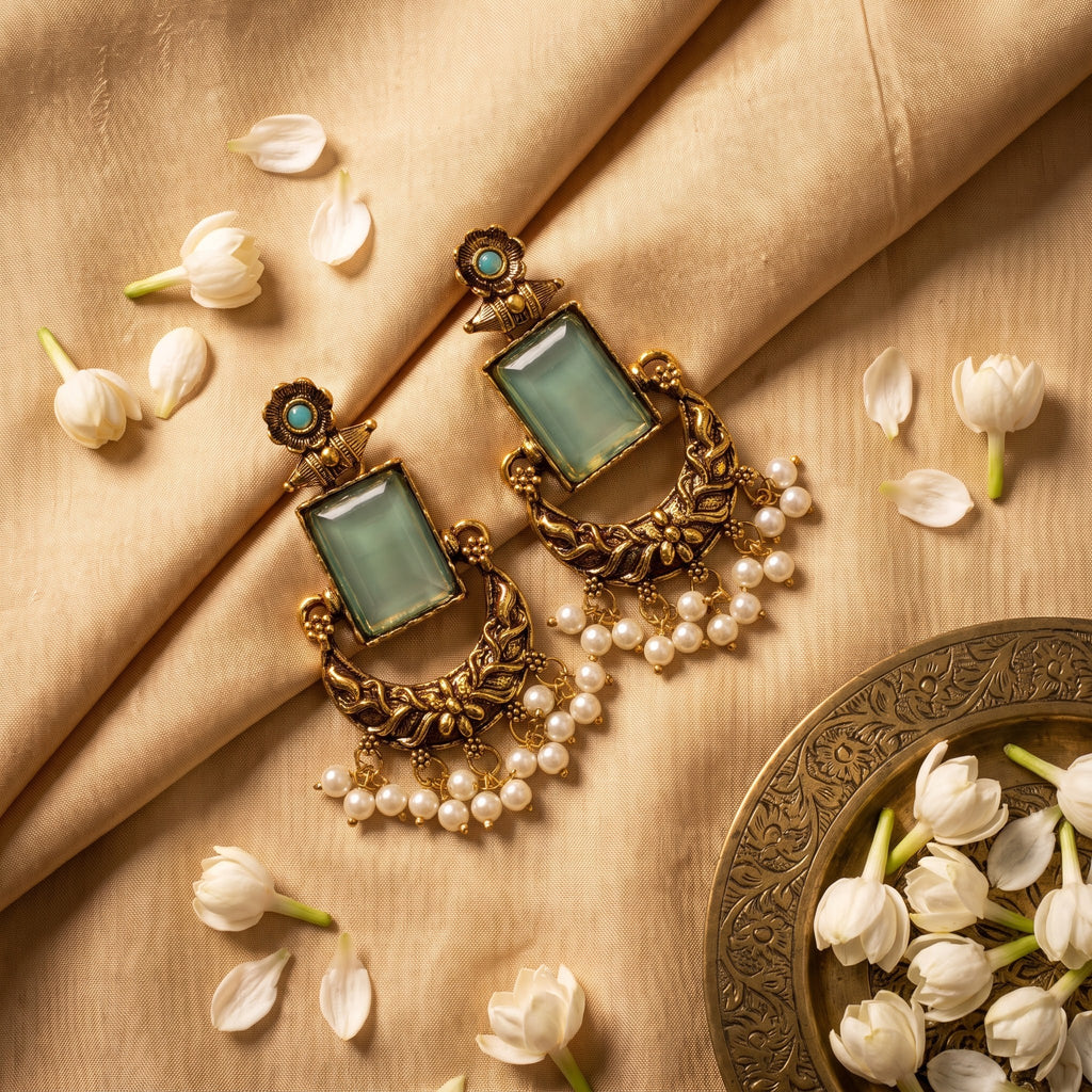 Mint Green Octagon Glass & Antique Gold Chandbali Statement Earrings with Pearl Clusters