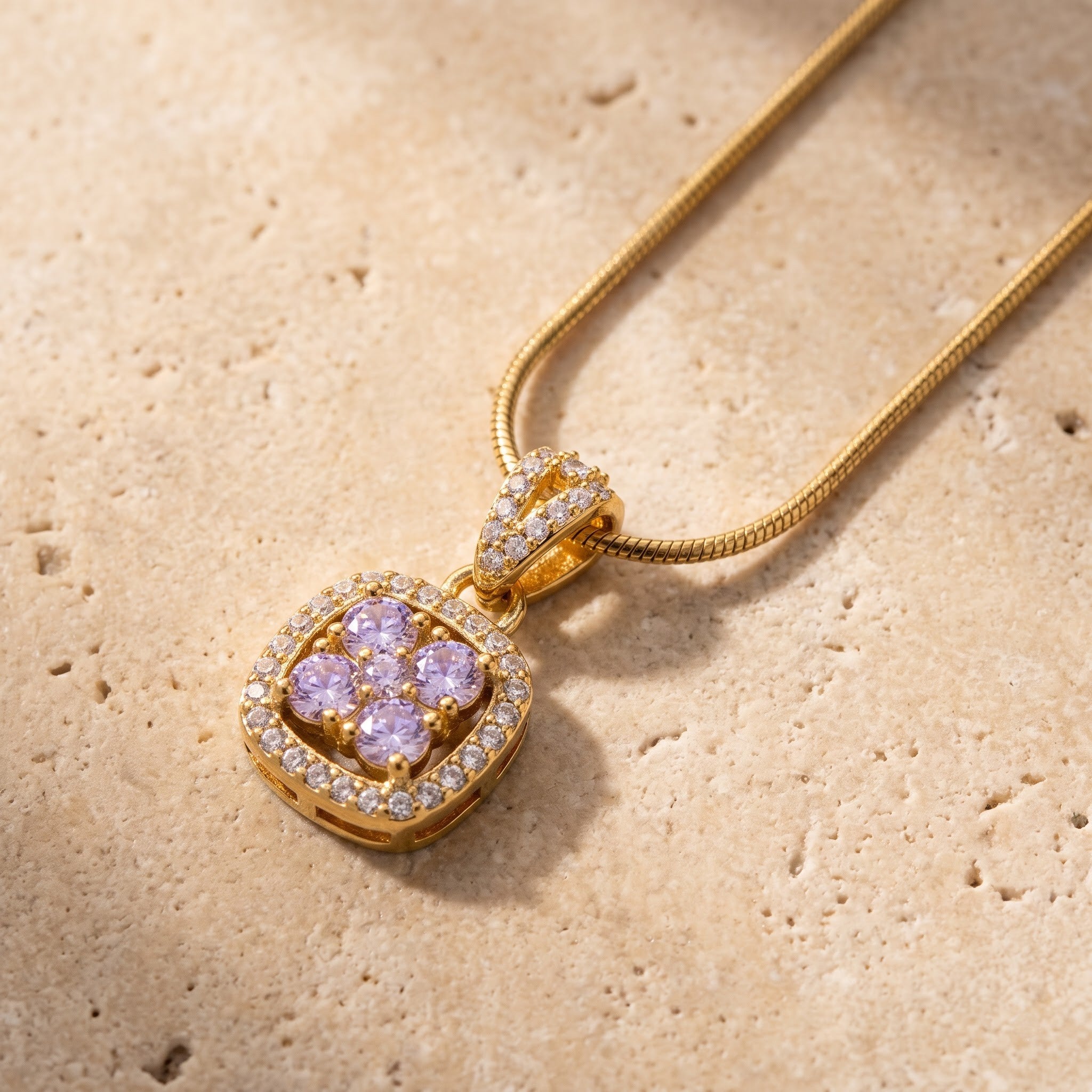 Lavender Crystal Cushion Halo Pendant Necklace