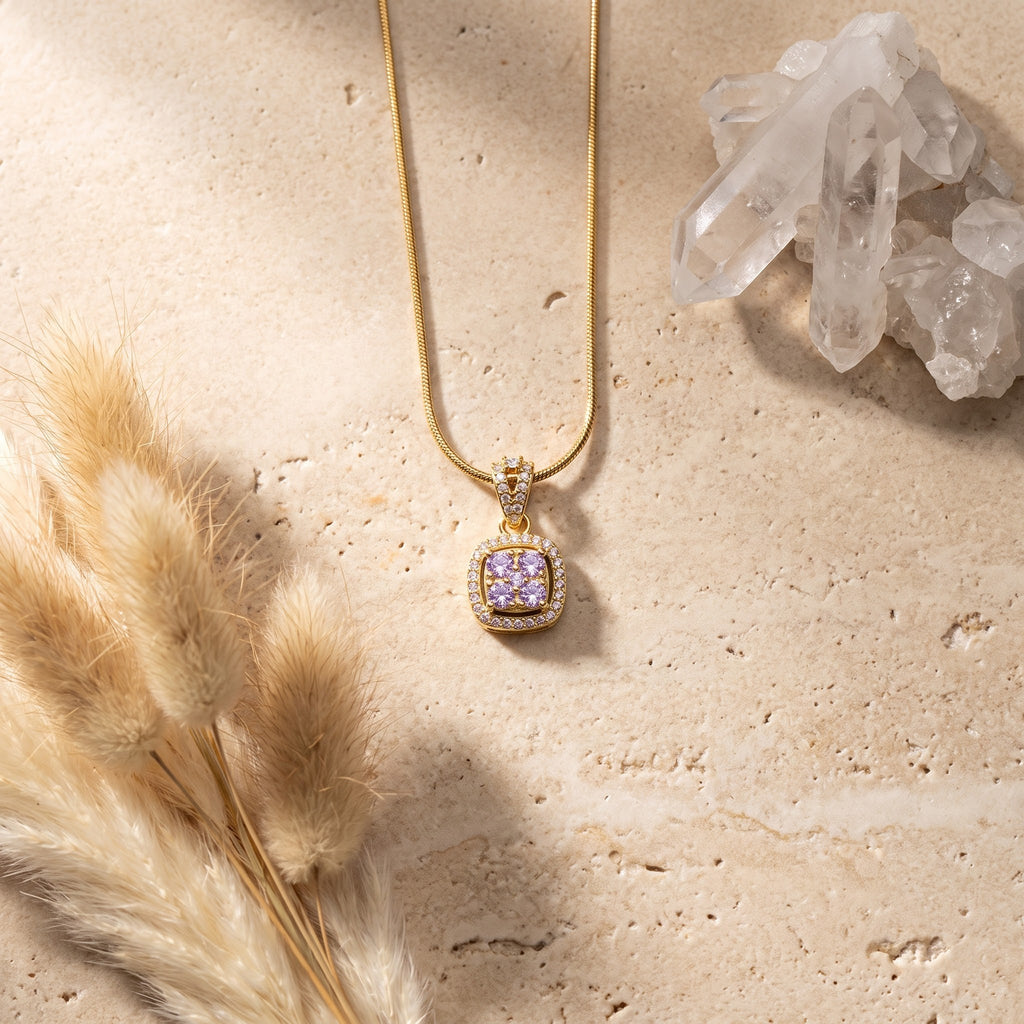 Lavender Crystal Cushion Halo Pendant Necklace