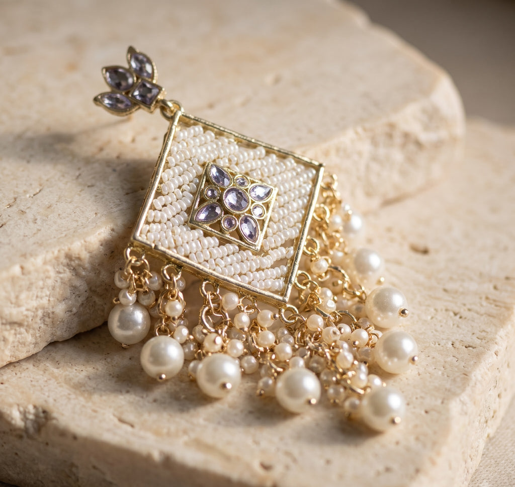White Seed Pearl & Kundan Geometric Statement Earrings with Pearl Drops