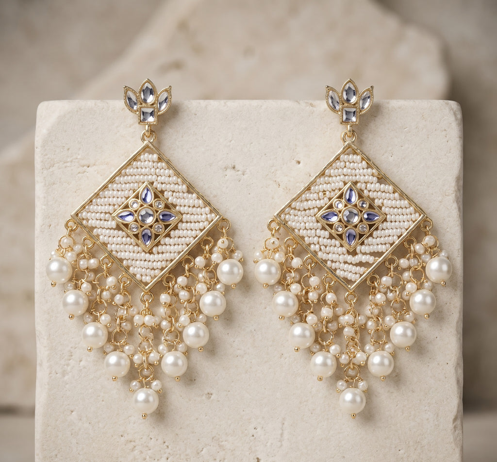 White Seed Pearl & Kundan Geometric Statement Earrings with Pearl Drops