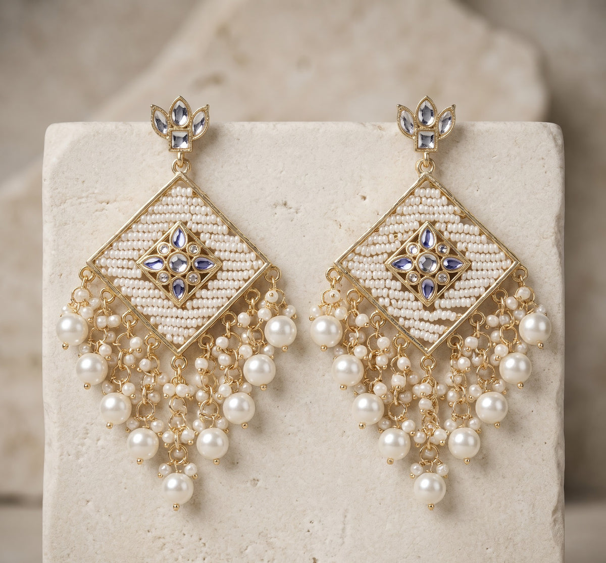 White Seed Pearl & Kundan Geometric Statement Earrings with Pearl Drops