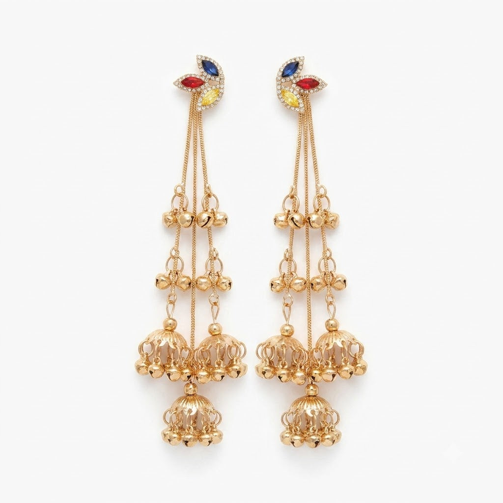 Royal Multi-Stone Tiered Waterfall Ghungroo Jhumka Earrings