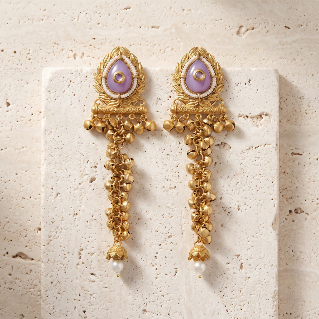 Lavender Cabochon & Antique Gold Waterfall Ghungroo Statement Earrings with Pearl Drop